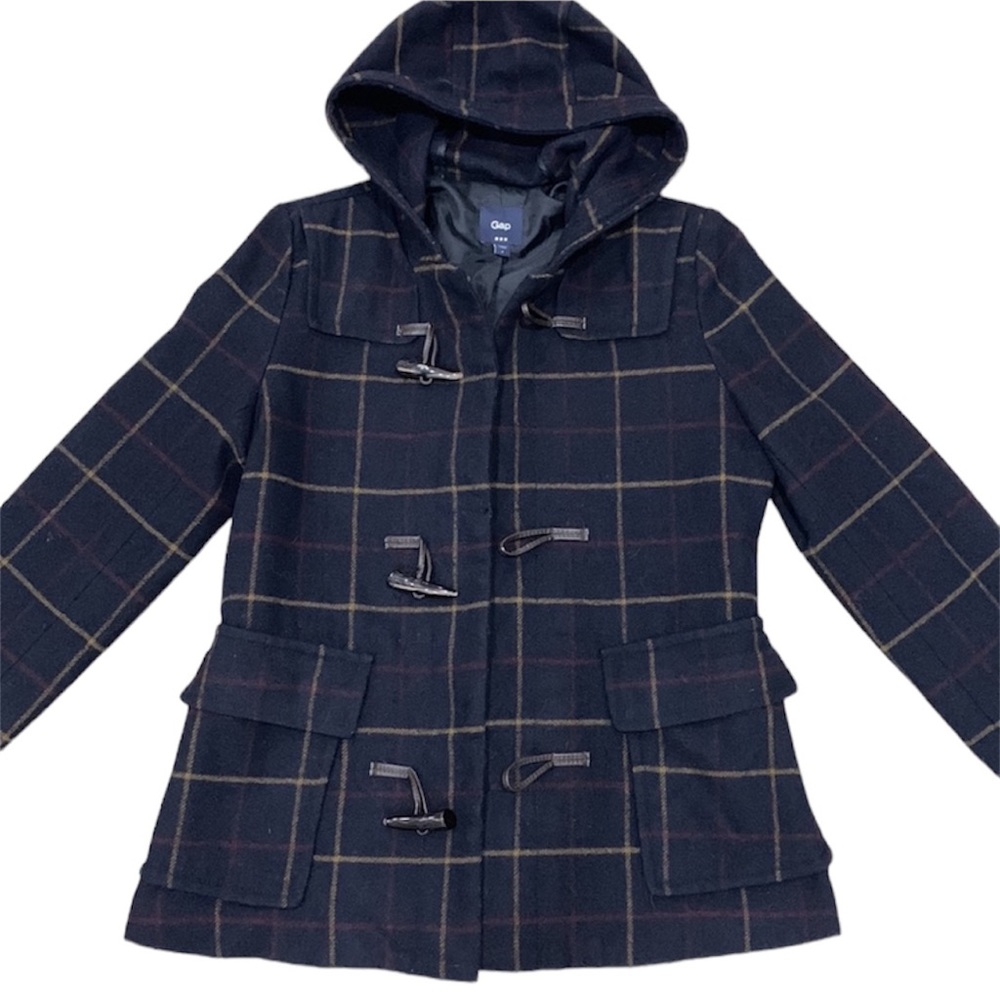GAP Wool Blend Plaid Hooded Winter Pea Coat Jacket w Front Pockets Size Small